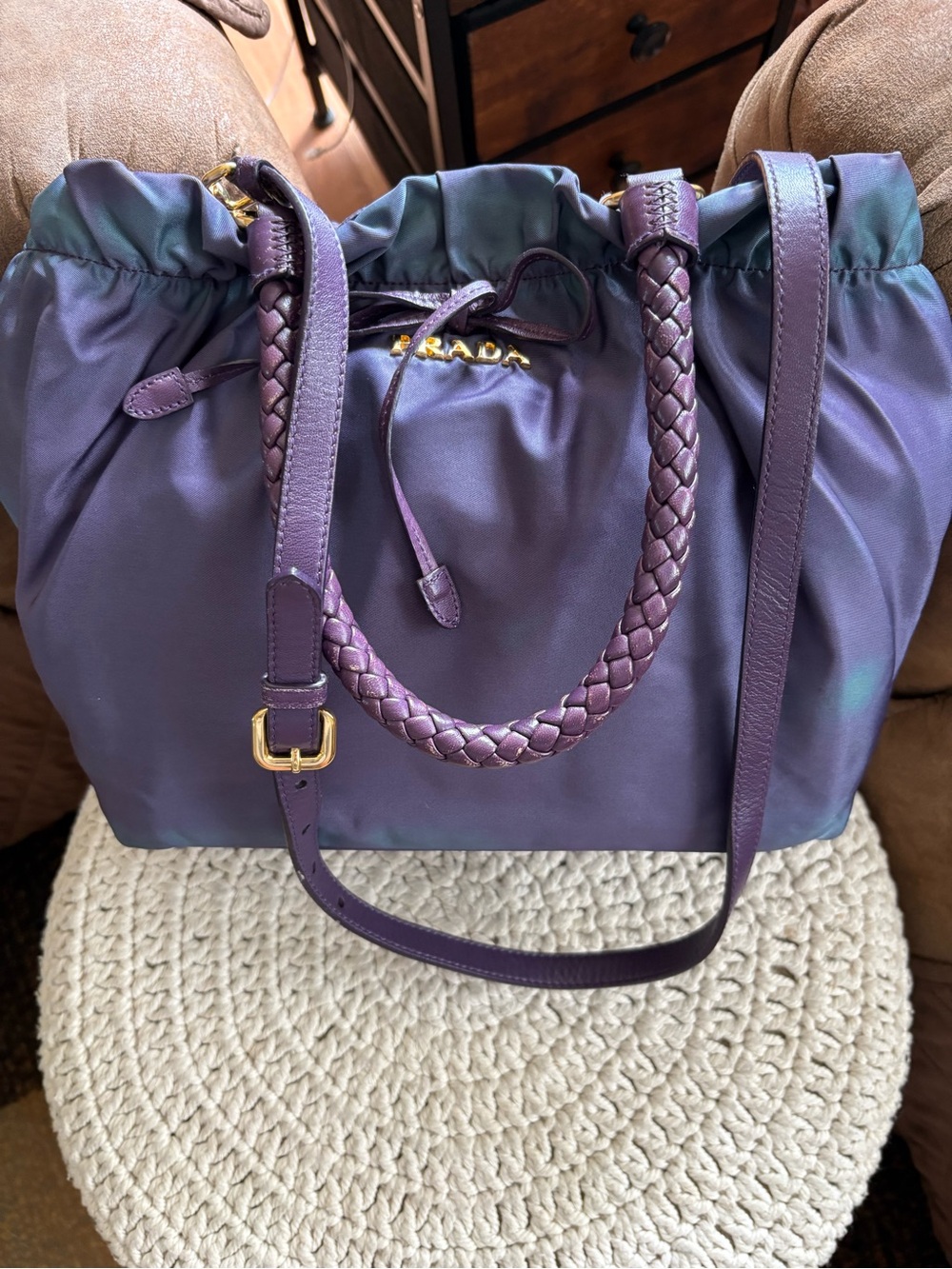 Prada Iridescent Purple Drawstring Tote with Braided Handles